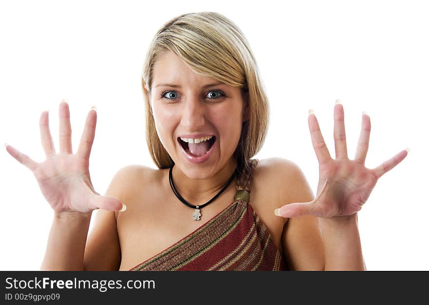 Beautiful young woman framing face with hands.  Isolated over white.