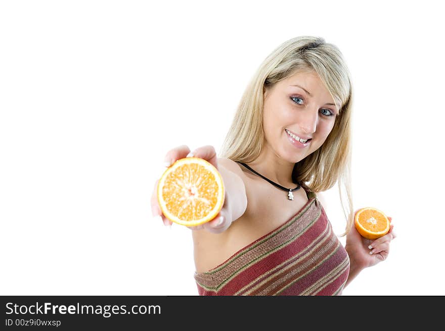 Young Happiness Woman Giving Sliced Orange.