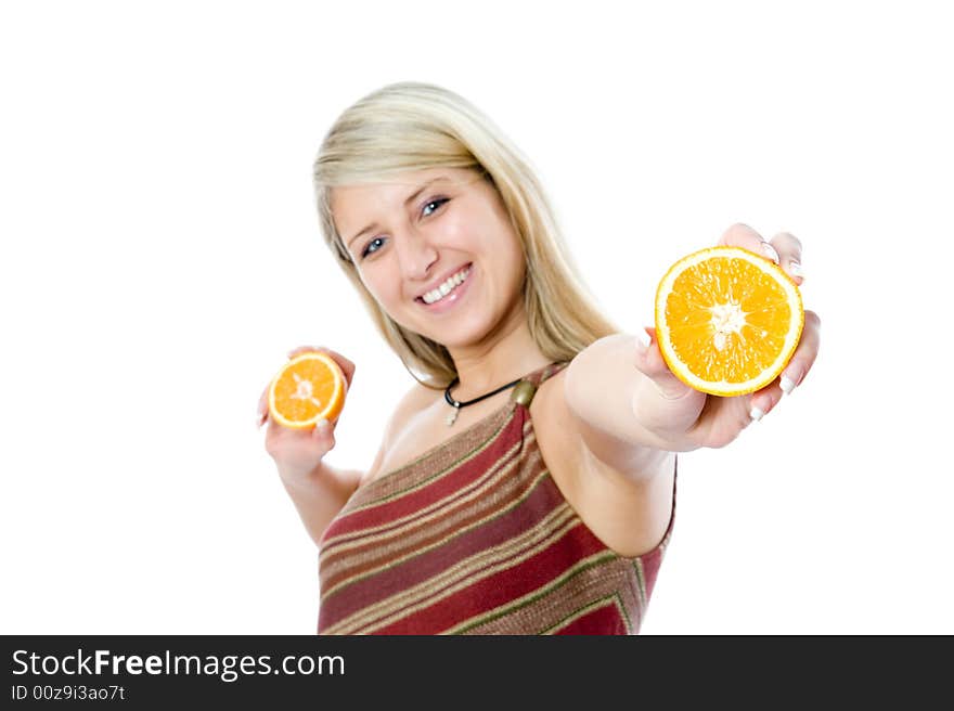 Young happiness woman giving sliced orange. Isolated over white