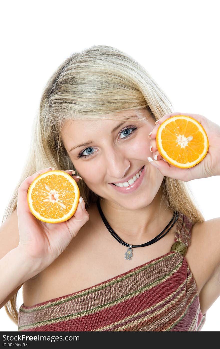 Beautiful girl with two slice juicy orange. Isolated over white background