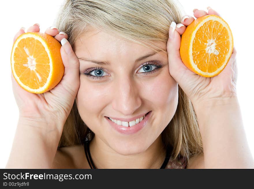 Closeup portrait of young pretty girl with two slices of orange. Isolated on white background