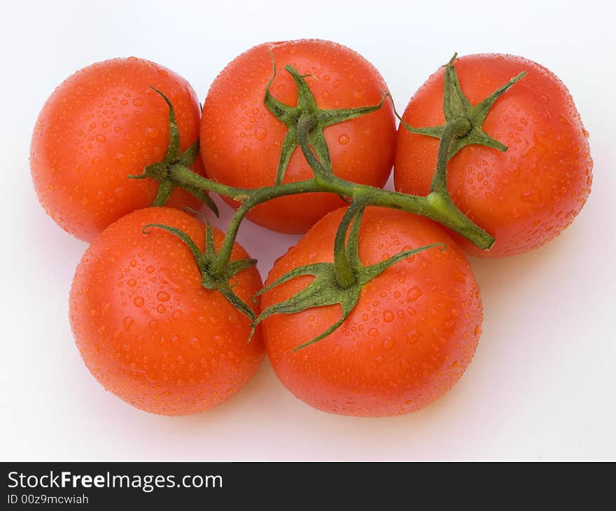 Five tomatoes with vine stork on a white background. Five tomatoes with vine stork on a white background.