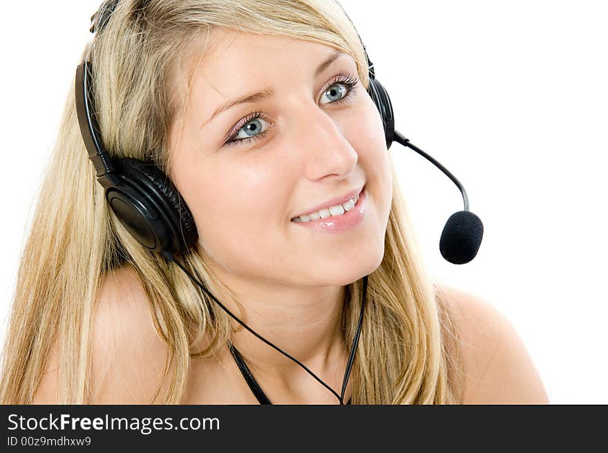 Beautiful business woman with headset. Isolated over white background