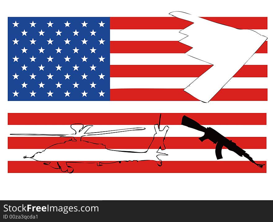 Us flag with gun ,helicopter and airplane