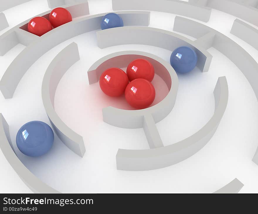 Marbles aim to get in a center. 3D rendering. Marbles aim to get in a center. 3D rendering.