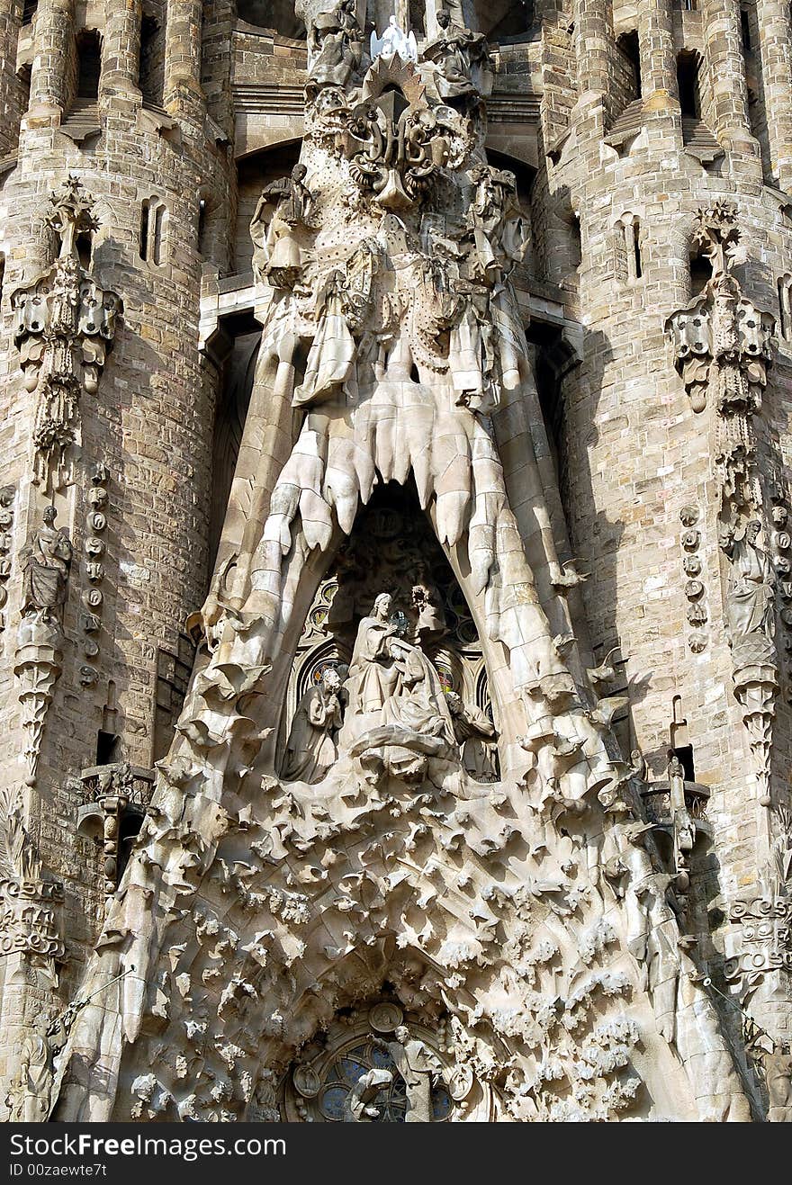 Commisioned in 1882 by the catholic group the Josephines, Antoni Gaudi's masterpiece of architecture is still in construction. Details of the Nativty facade. Commisioned in 1882 by the catholic group the Josephines, Antoni Gaudi's masterpiece of architecture is still in construction. Details of the Nativty facade.