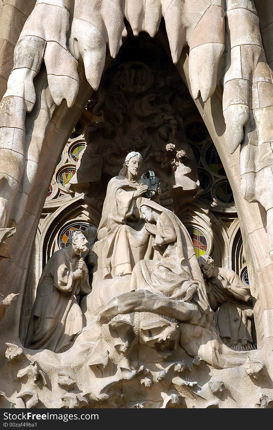 Commisioned in 1882 by the catholic group the Josephines, Antoni Gaudi's masterpiece of architecture is still in construction. Close up of the Nativty facade. Commisioned in 1882 by the catholic group the Josephines, Antoni Gaudi's masterpiece of architecture is still in construction. Close up of the Nativty facade.