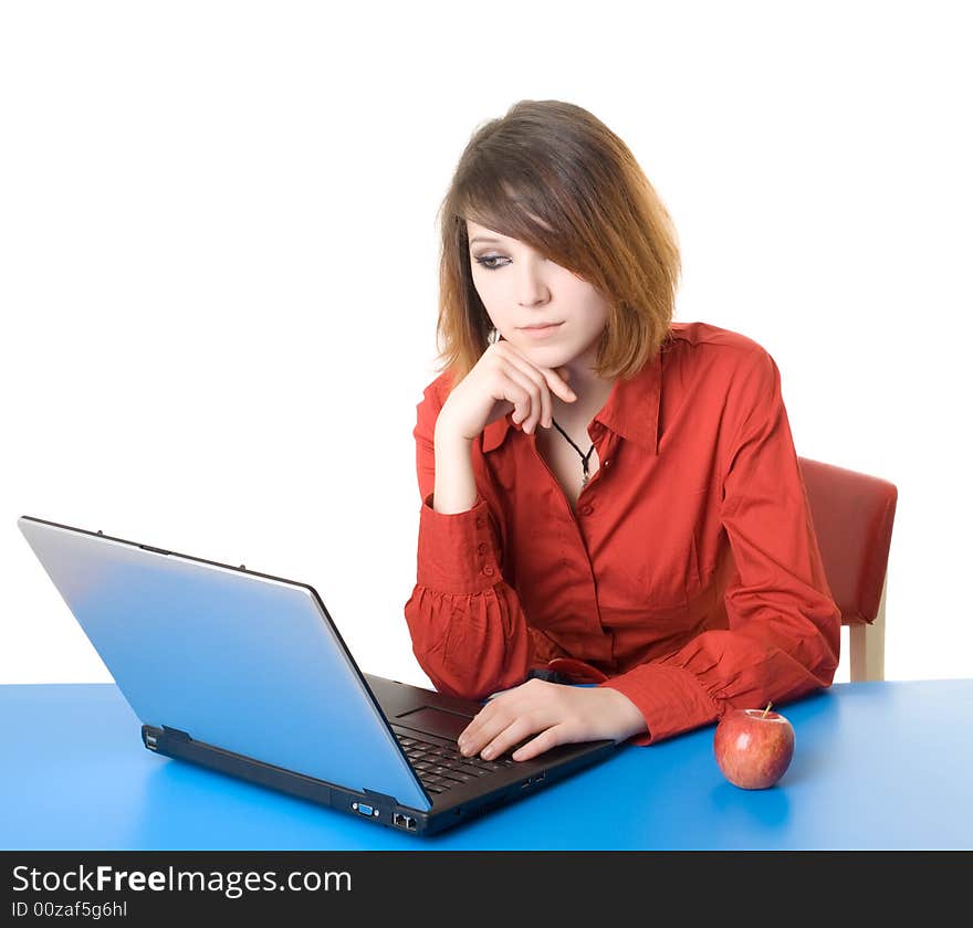 Young businesswoman with laptop lying . Isolated. Young businesswoman with laptop lying . Isolated