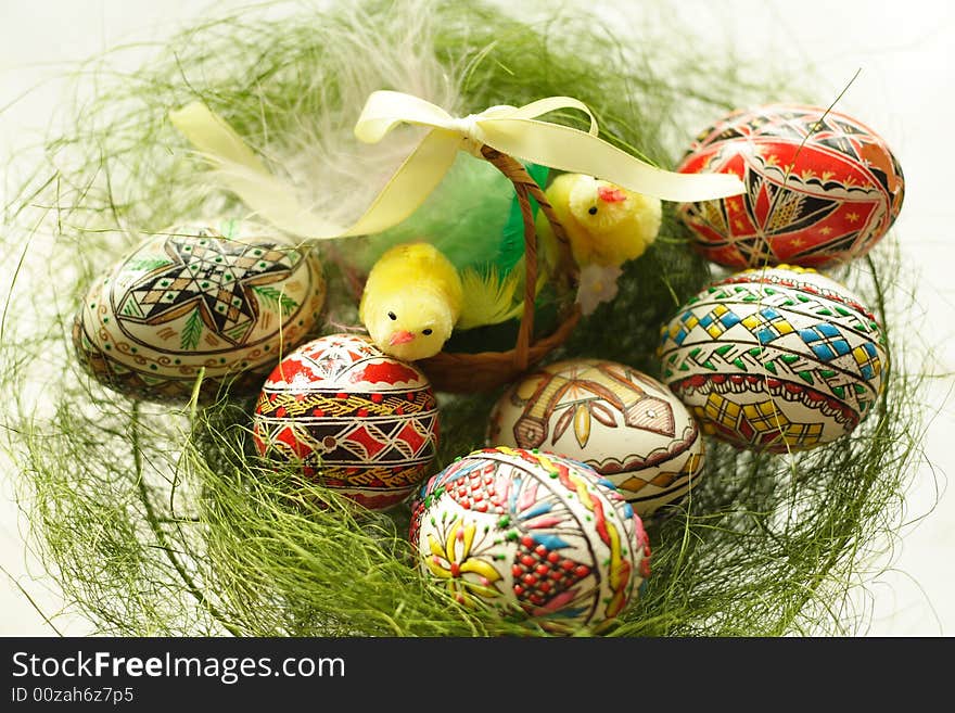 Hand painted Easter eggs in basket