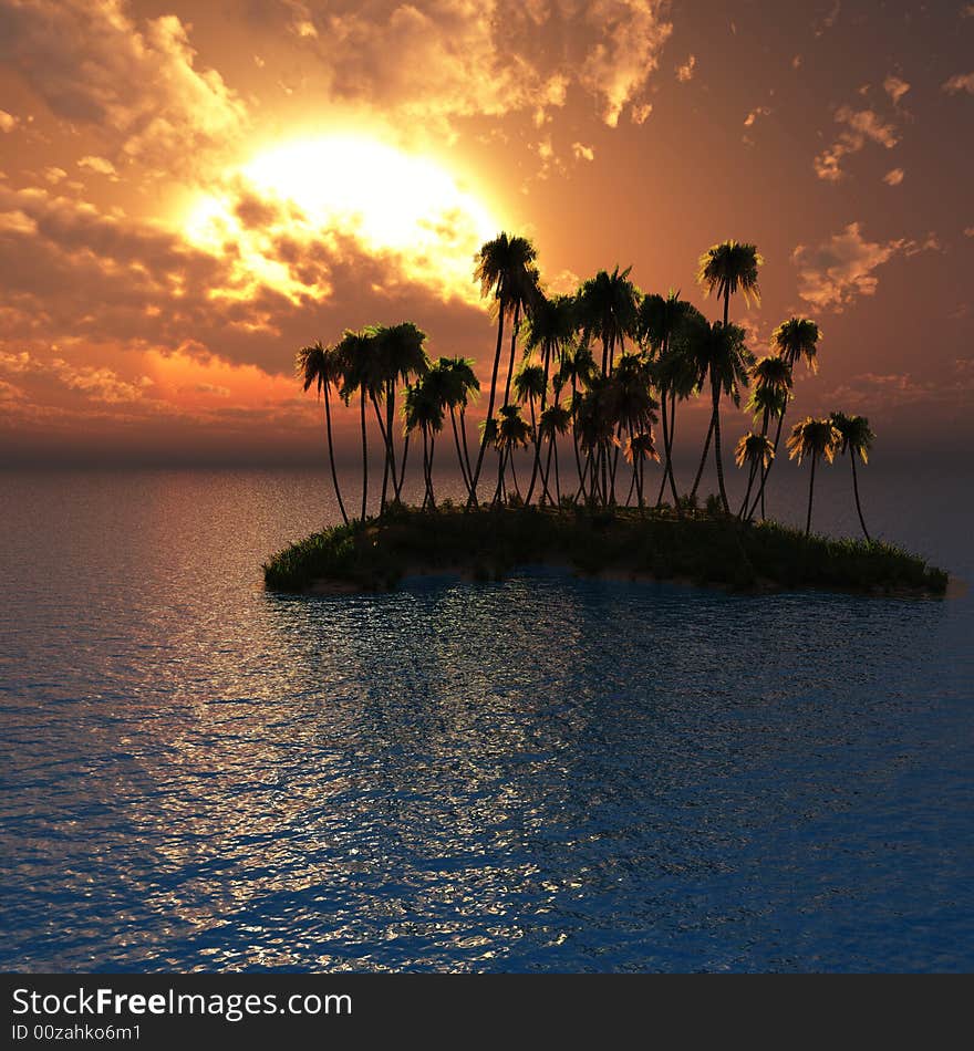 Sunset coconut palm trees on small island - digital illustration.