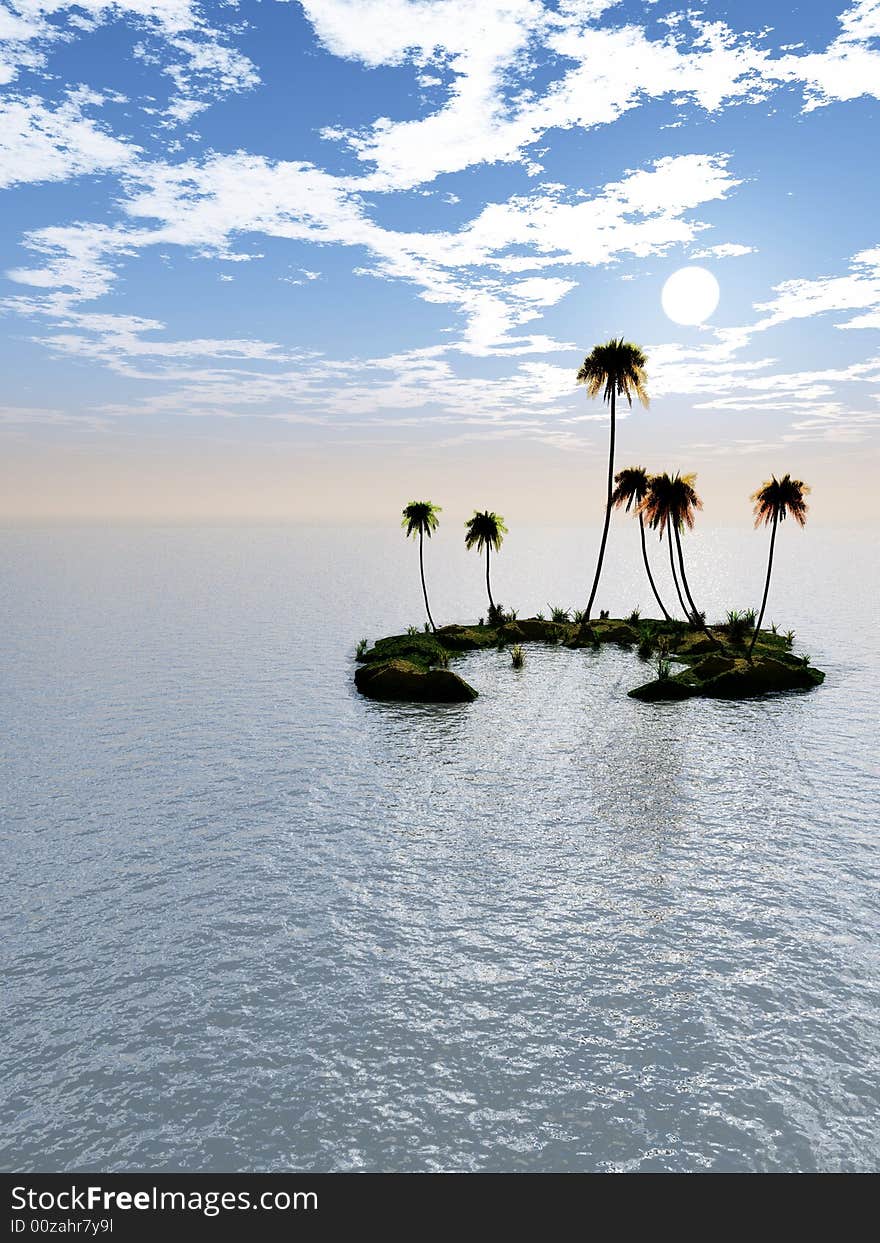 Coconut palm trees on a small island - digital artwork. Coconut palm trees on a small island - digital artwork