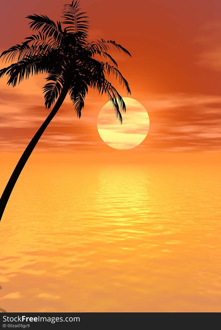 Sunset coconut palm tree on ocean coast - 3d illustration.