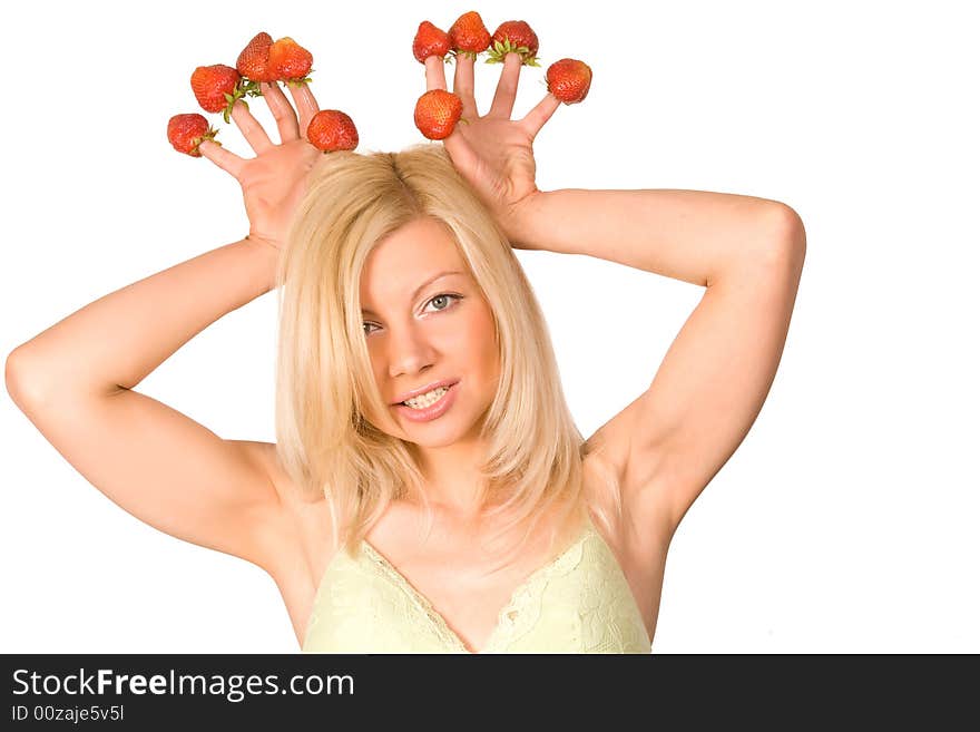 Sexy Girl With Red Strawberry Isolated On White