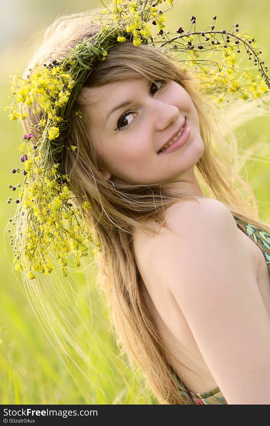 caucasian girl with flower garland