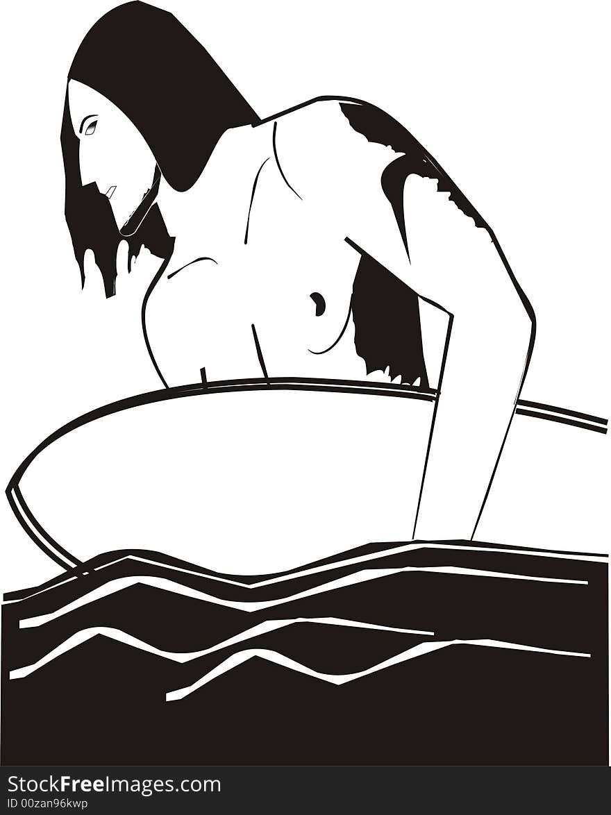 Black and white s illustration of young surfer