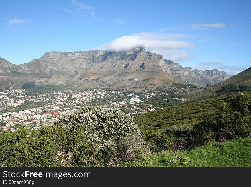 Table Mountain with cloud cap over cable station