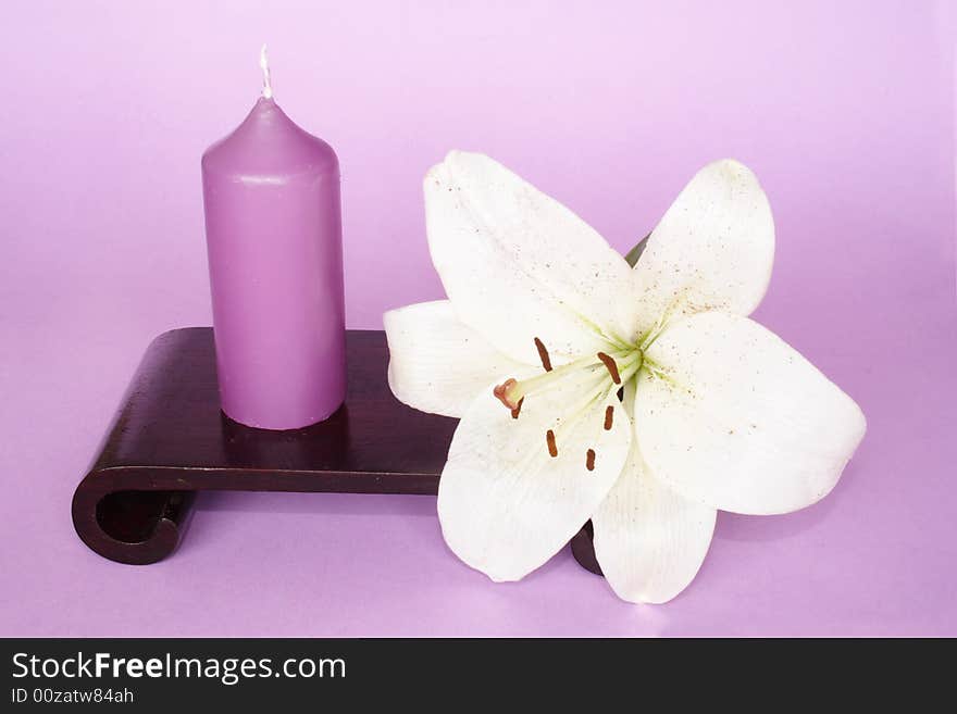 Candle and Madonna lily in color background. Candle and Madonna lily in color background