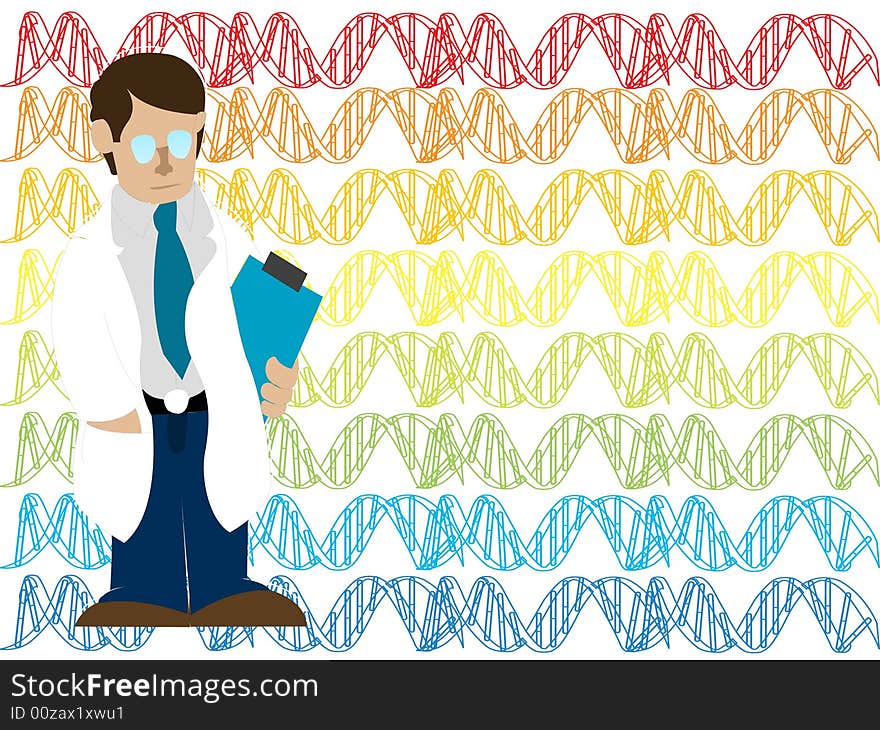 Doctor on DNA symbols with illustrative background. Doctor on DNA symbols with illustrative background