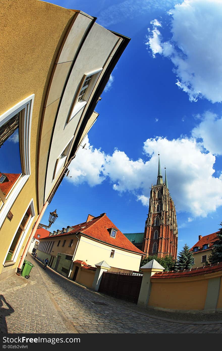 Monuments in Wroclaw, Poland (fisheye perspective)