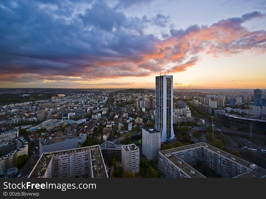 View of Paris skyline at sunset, in La Defense sector. View of Paris skyline at sunset, in La Defense sector.