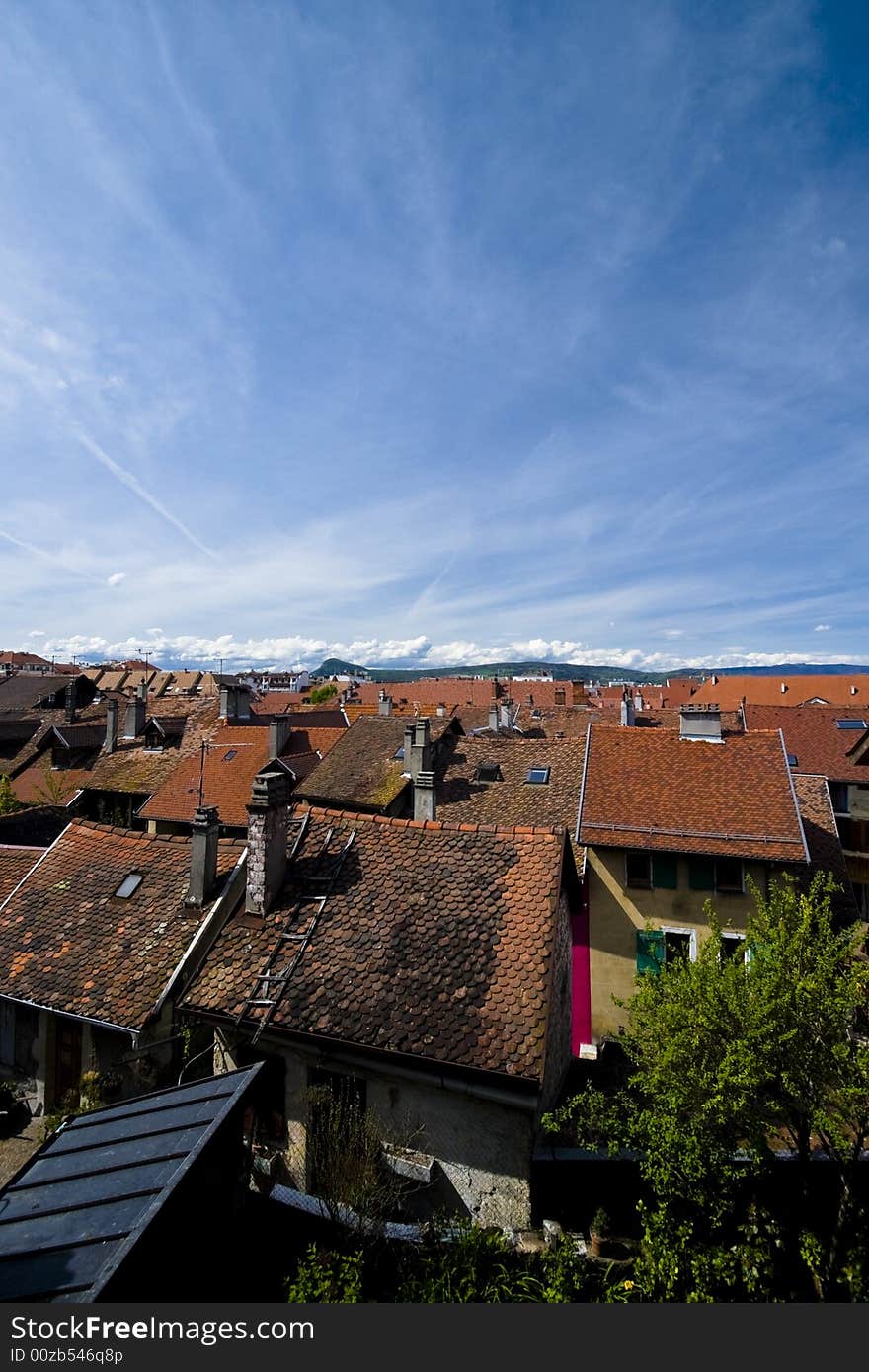 Wide angle view over the rooftops in Annecy, France.