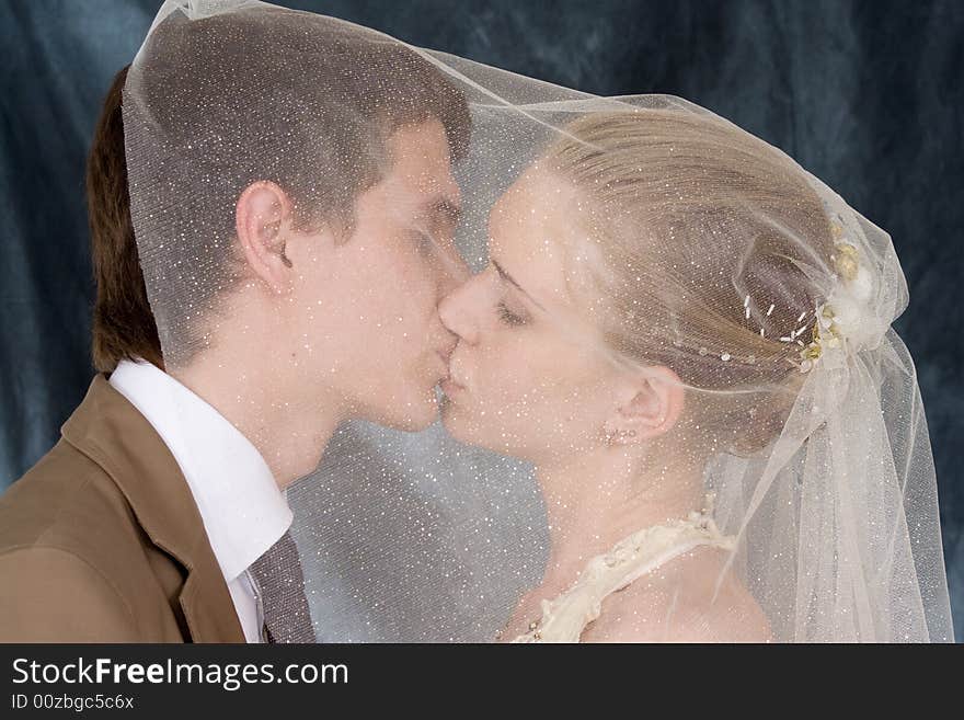 Wedding portrait of a newly-married couple. The groom kisses the bride