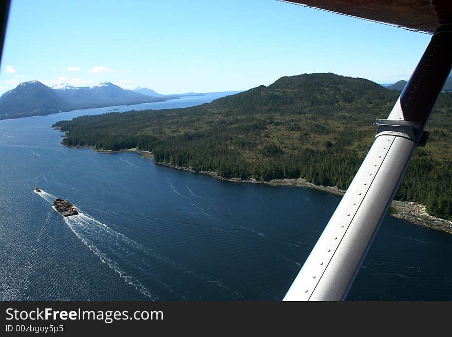 Water landscape with blue skies from a plaine in Ketchikan Alaska