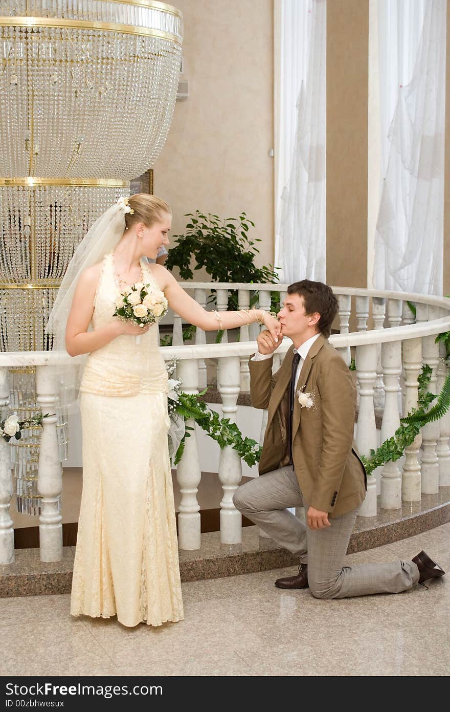 Wedding portrait of a newly-married couple. Wedding palace