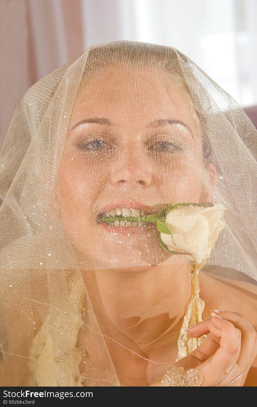 Wedding portrait of the bride. The bride holds a flower in a teeth