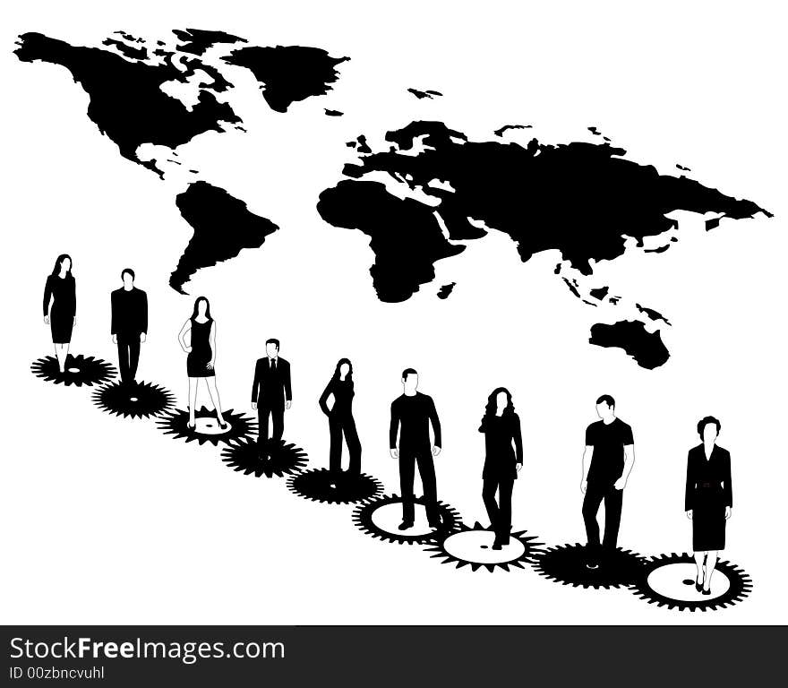 Illustration of business people, map and cogwheels