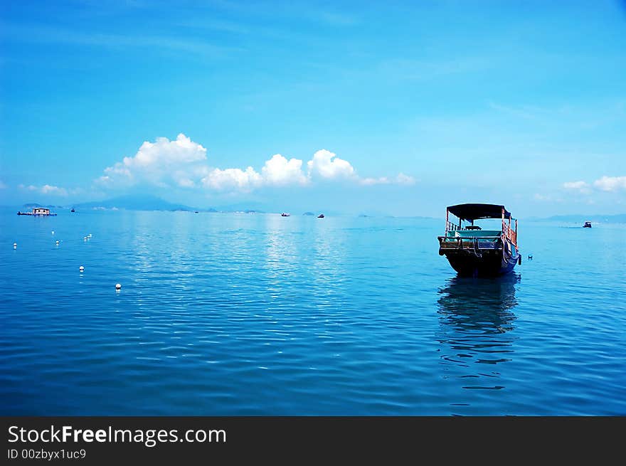 Ship on the sea under sunshine. Ship on the sea under sunshine