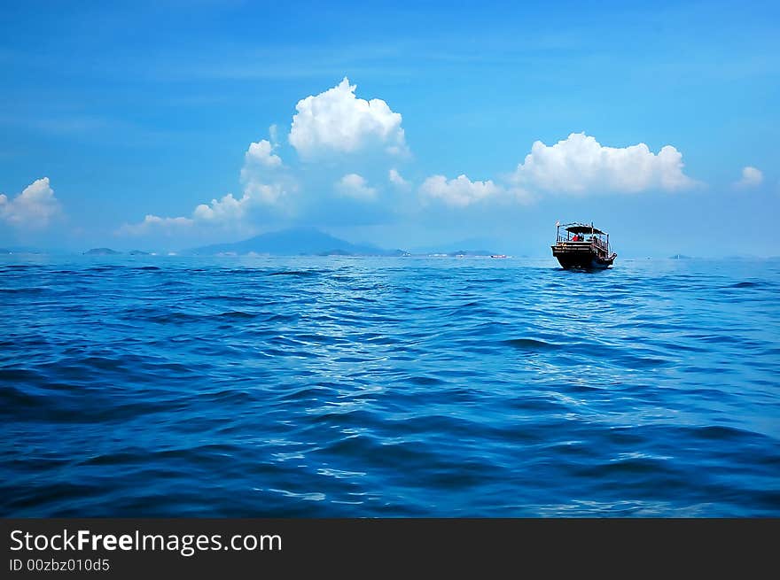 Ship on the sea under sunshine. Ship on the sea under sunshine