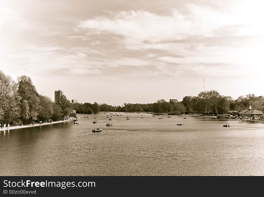 The serpentine at Hyde Park in sepia tone.