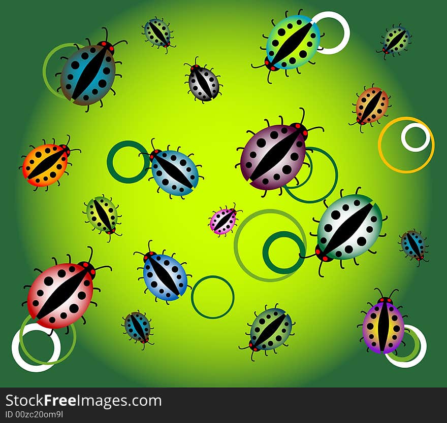 Abstract background with circles and colored ladybirds. Abstract background with circles and colored ladybirds