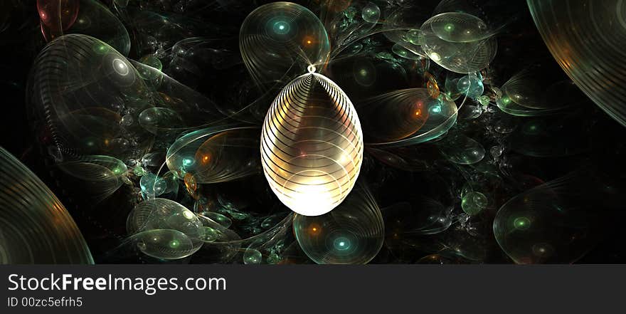 A fractal digitally-rendered image of a shiny glass ornament in a fantasy holiday tree. A fractal digitally-rendered image of a shiny glass ornament in a fantasy holiday tree.