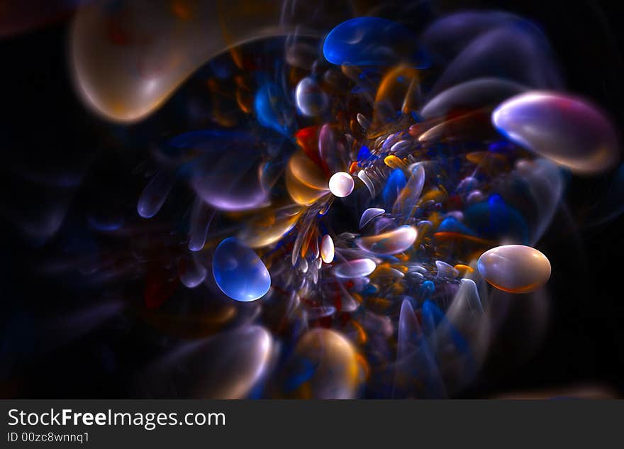 Colorful bubbles swirl on black background - abstract 3d rendering