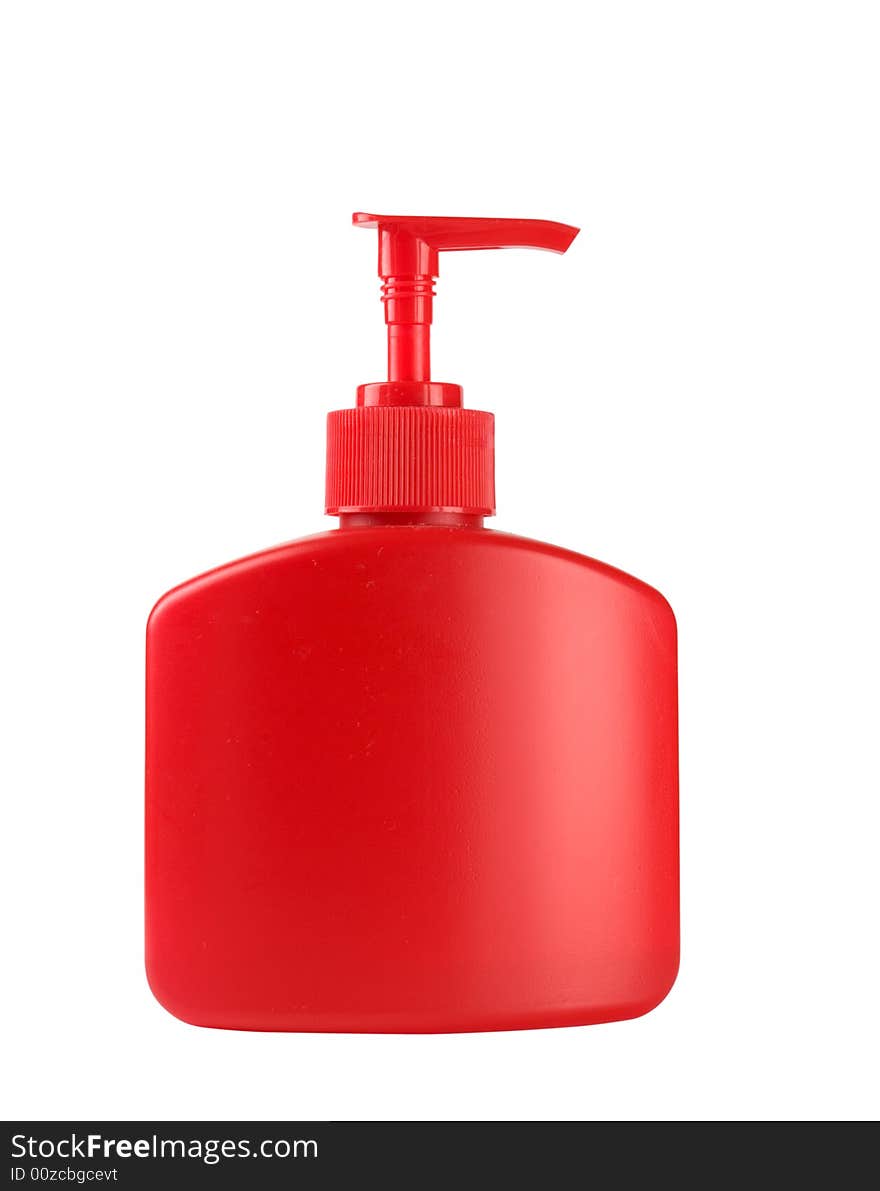 Red soap bottle isolated on white