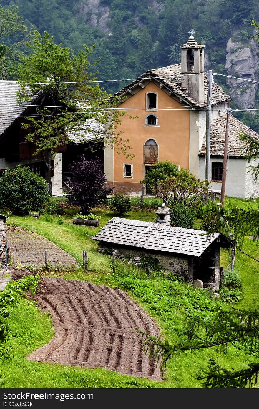 A panoramic view of landscapes, animals and equipment of the mountain