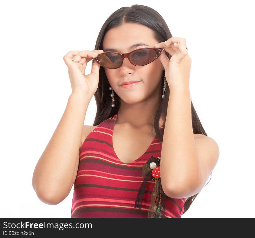 Woman on red top trying eyeglasses - attractive