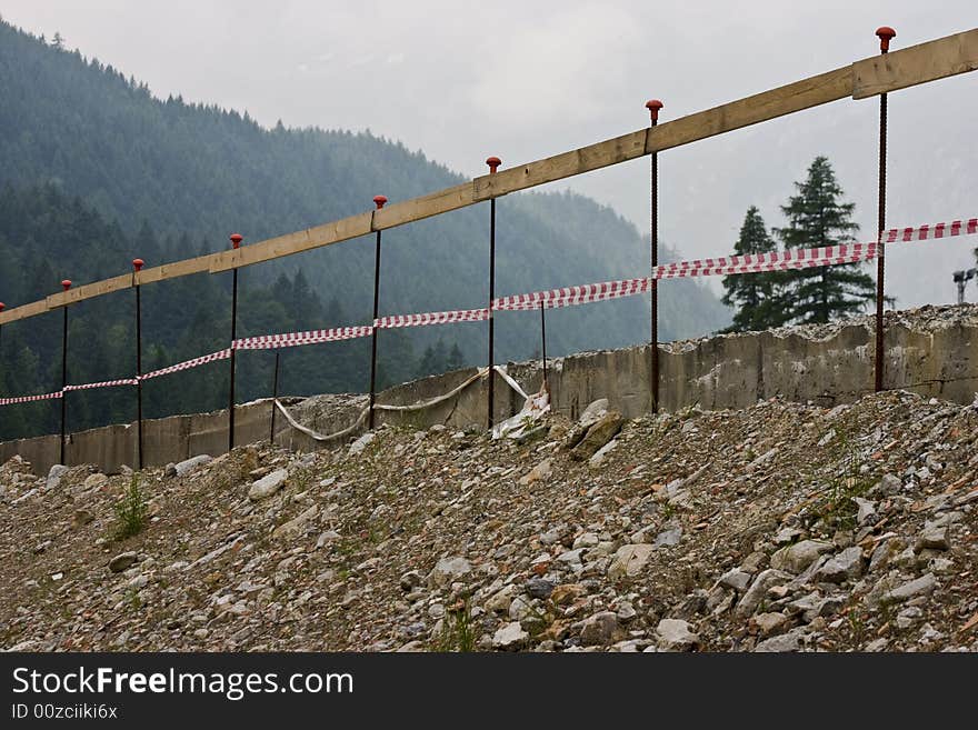 A panoramic view of landscapes, animals and equipment of the mountain