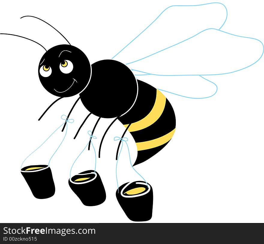 Little flying bee with honey. Vectorial character. Little flying bee with honey. Vectorial character