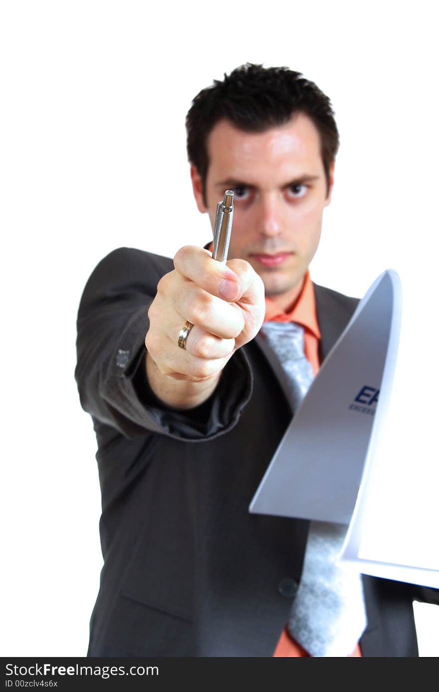 A young businessman, holding a notebook in one hand, pointing the pencil with the other one. A young businessman, holding a notebook in one hand, pointing the pencil with the other one