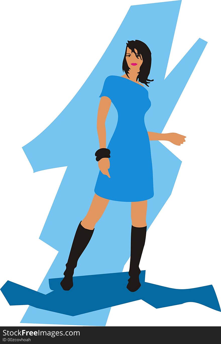 Fashion girl in blue dress. Vector illustration.