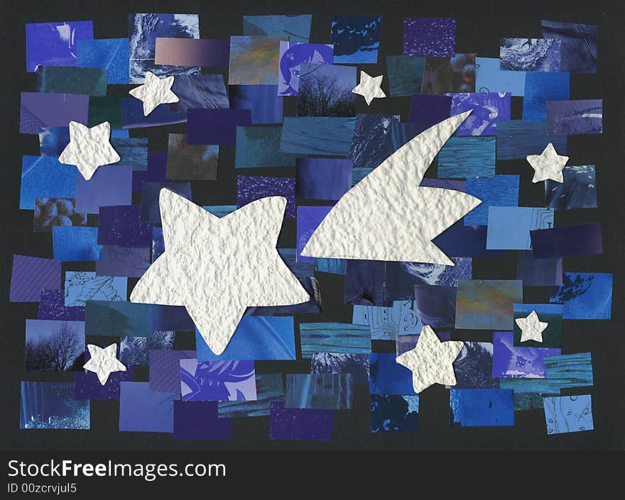 Collages in blue with white stars and a big comet. Christmas collage. Collages in blue with white stars and a big comet. Christmas collage.