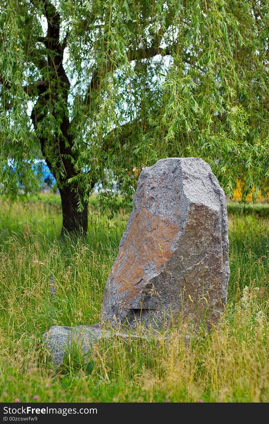 Stone boulder and tree on a grass