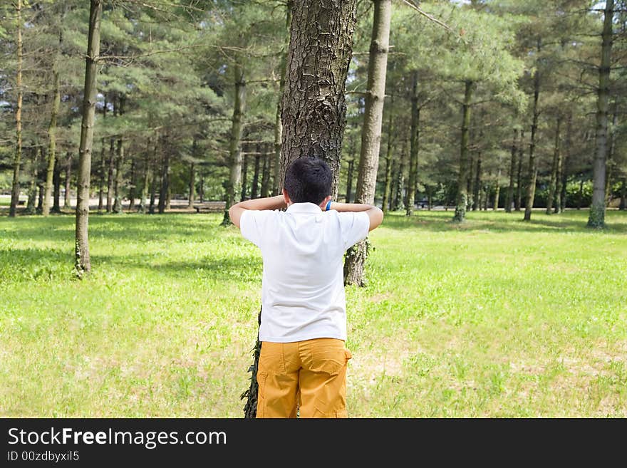 Young boy playing hide and seek, leaning against tree in park. Young boy playing hide and seek, leaning against tree in park.