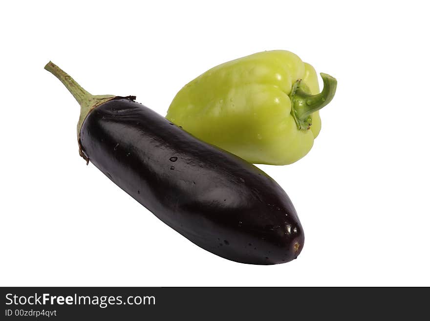 Eggplant and pepper on a white background