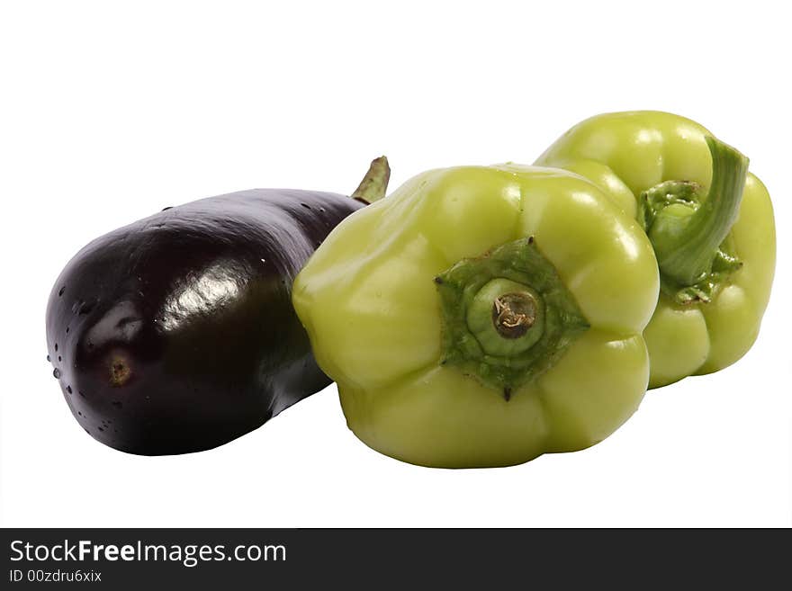 Eggplant and pepper on a white background