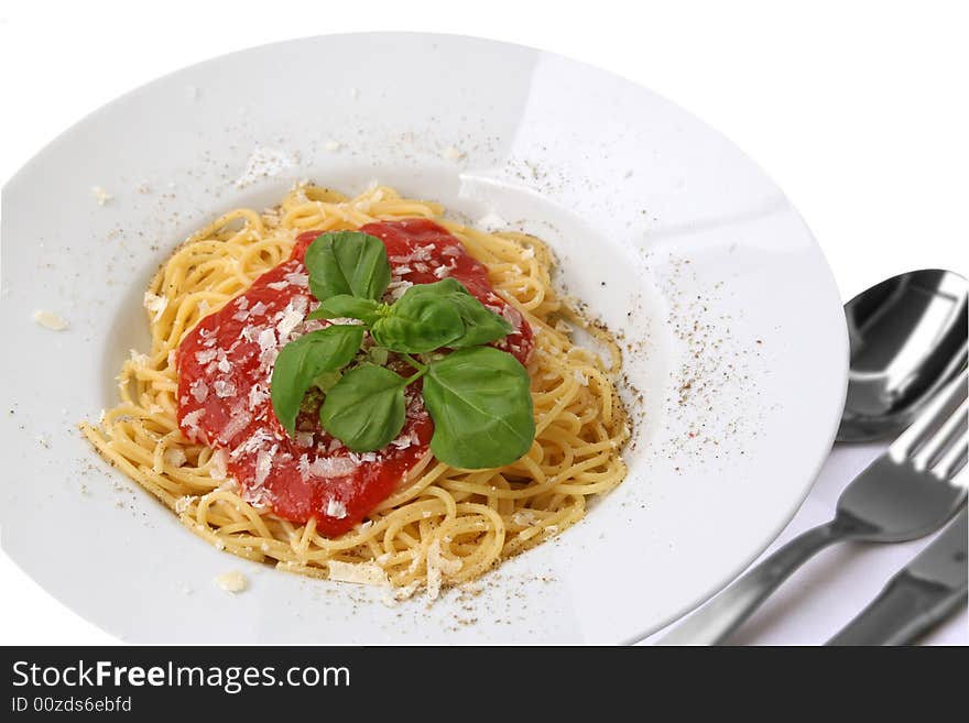 Spaghetti with tomatoes sauce and basil. Spaghetti with tomatoes sauce and basil