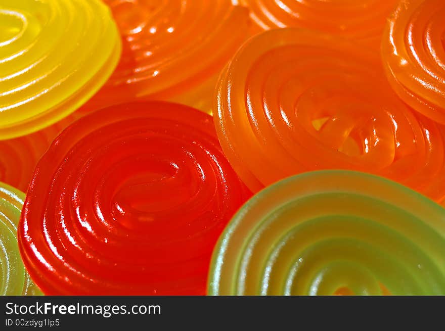 Colorful spiral candy in  green, red and orange